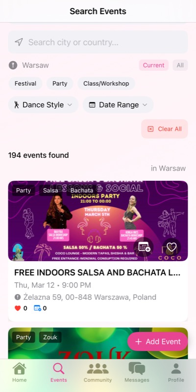 Events Search Screenshot