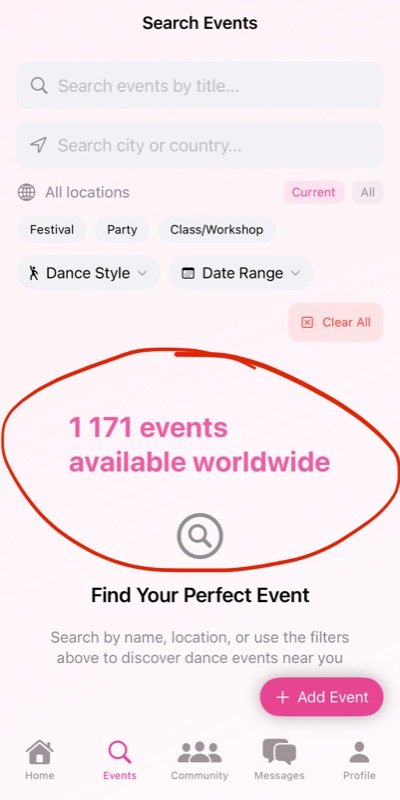 OnlyDance showing 1171 events available worldwide